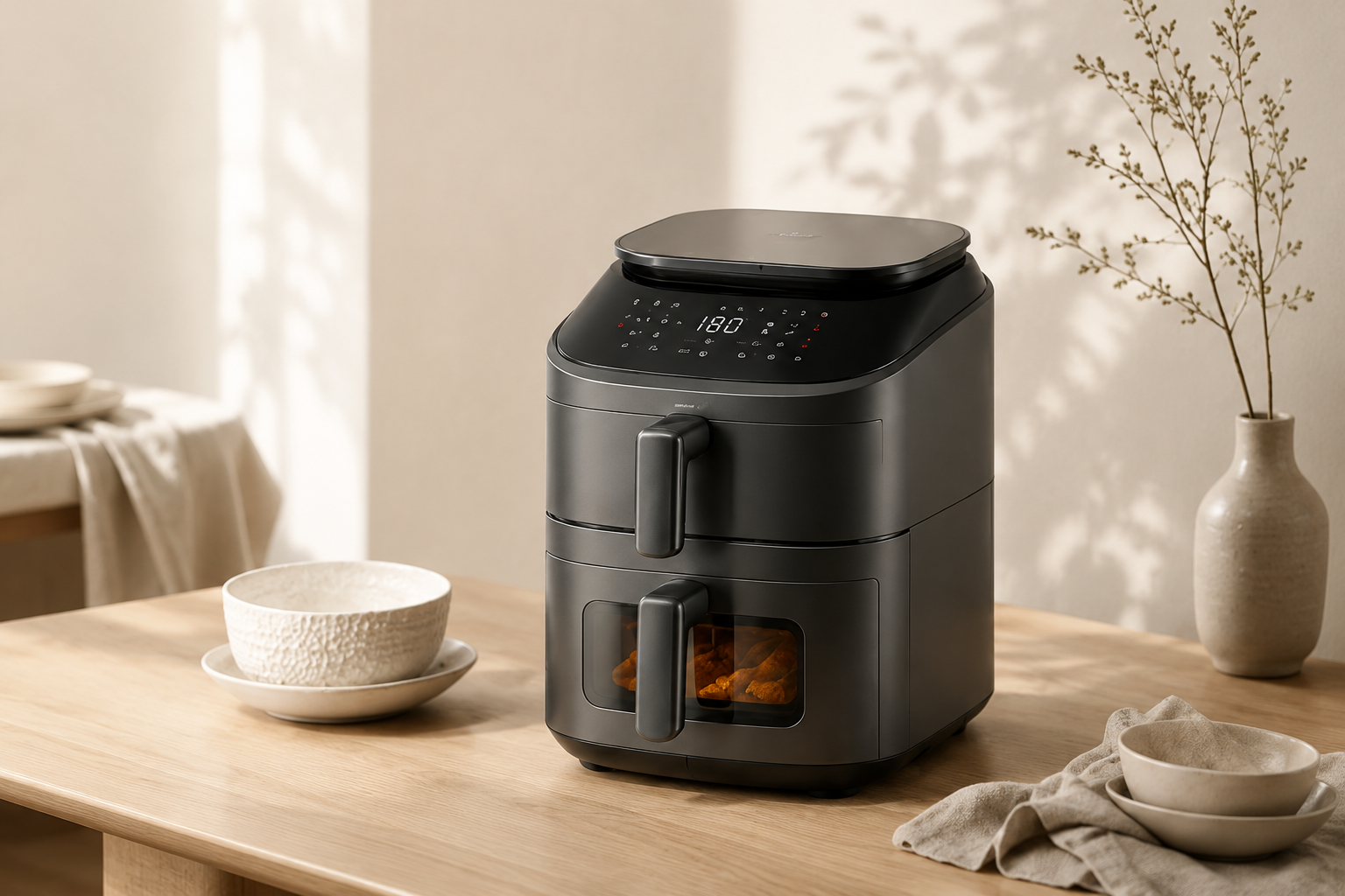 Air fryer on a warm kitchen table with neutral home styling